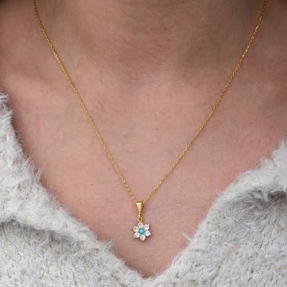 Blue Stone Gold Plated Flower Women's Silver Necklace