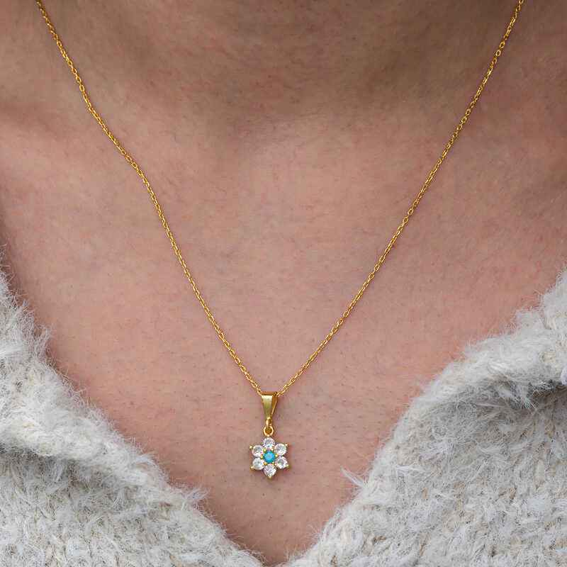 Blue Stone Gold Plated Flower Women's Silver Necklace