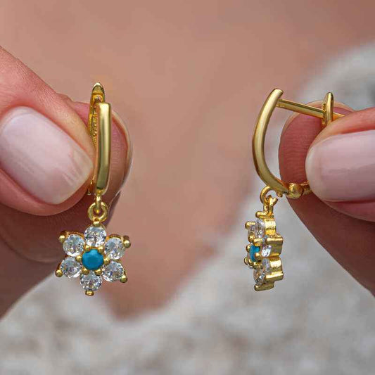Blue Stone Gold Plated Flower Women's Silver Earring