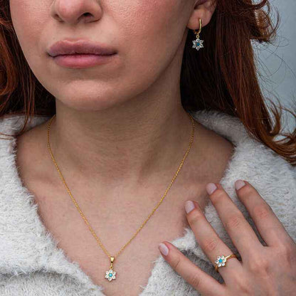 Blue Stone Gold Plated Flower Women's Silver Set