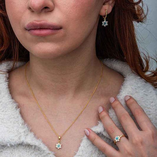 Blue Stone Gold Plated Flower Women's Silver Set