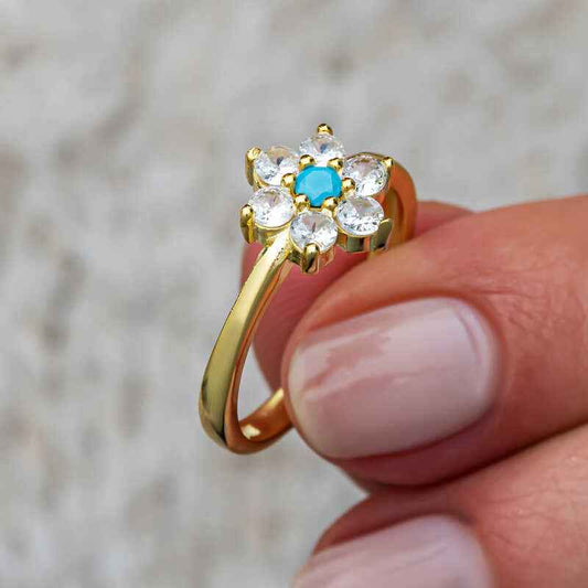 Blue Stone Gold Plated Flower Women's Silver Ring