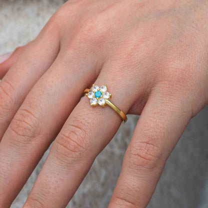 Blue Stone Gold Plated Flower Women's Silver Ring
