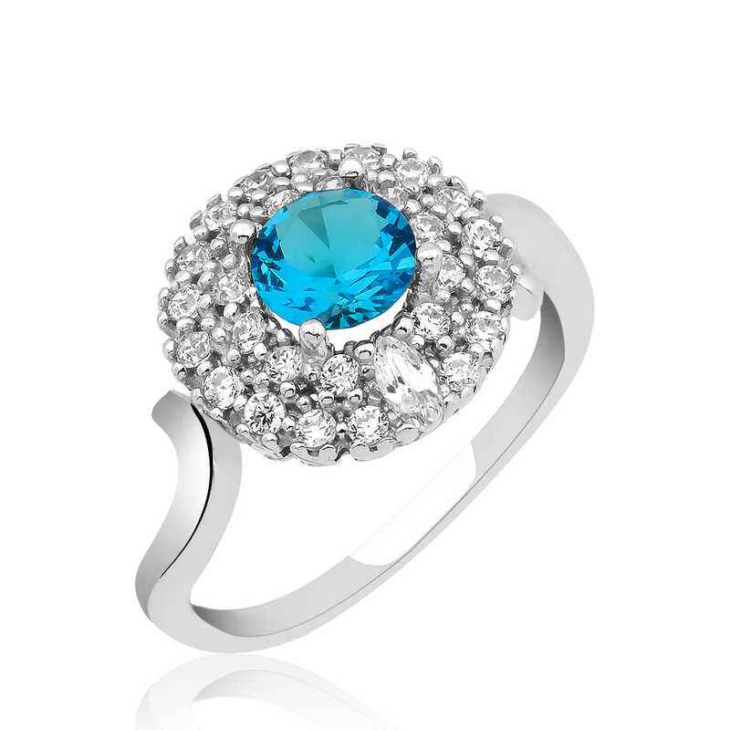Blue Stone Round Women's Silver Ring