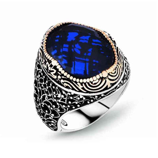 Blue Zircon Stone Men's Silver Ring