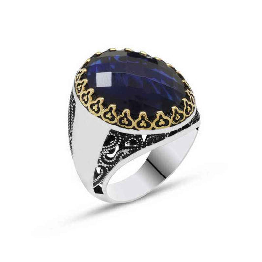 Blue Zircon Stone Men's Silver Ring