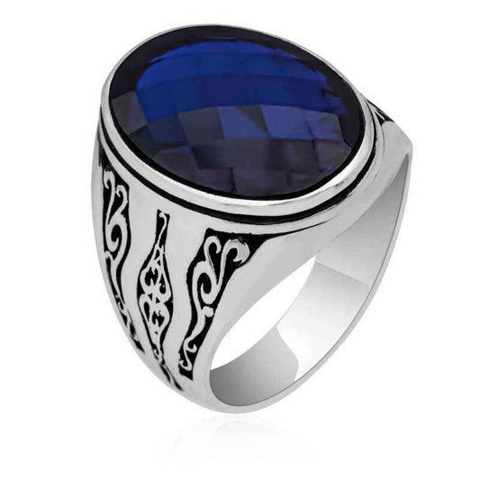 Blue Zircon Stone Men's Silver Ring