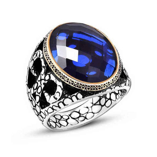 Blue Zircon Stone Men's Silver Ring