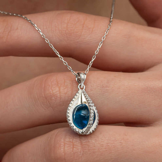 Blue Zircon Stone Sphere Women's Silver Necklace