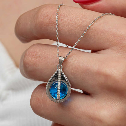 Blue Zircon Stone Sphere Women's Silver Necklace