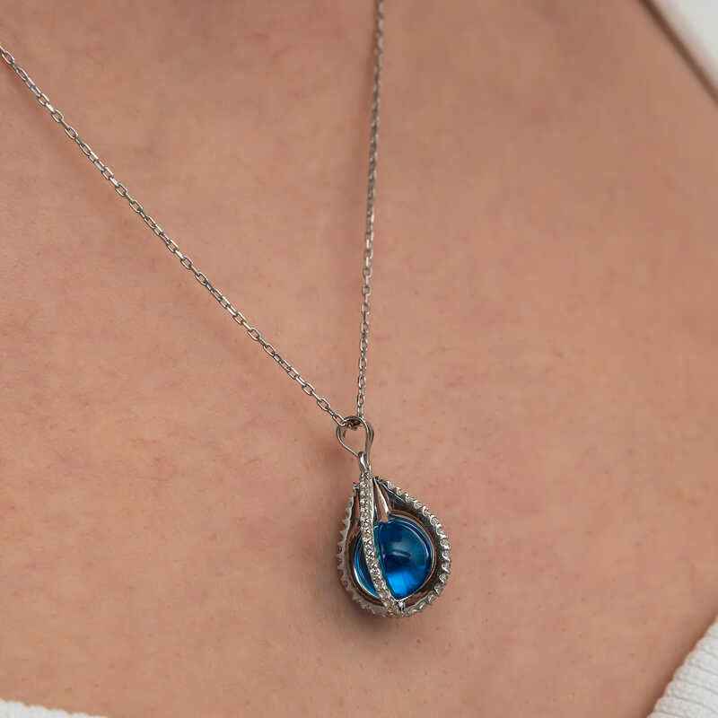 Blue Zircon Stone Sphere Women's Silver Necklace