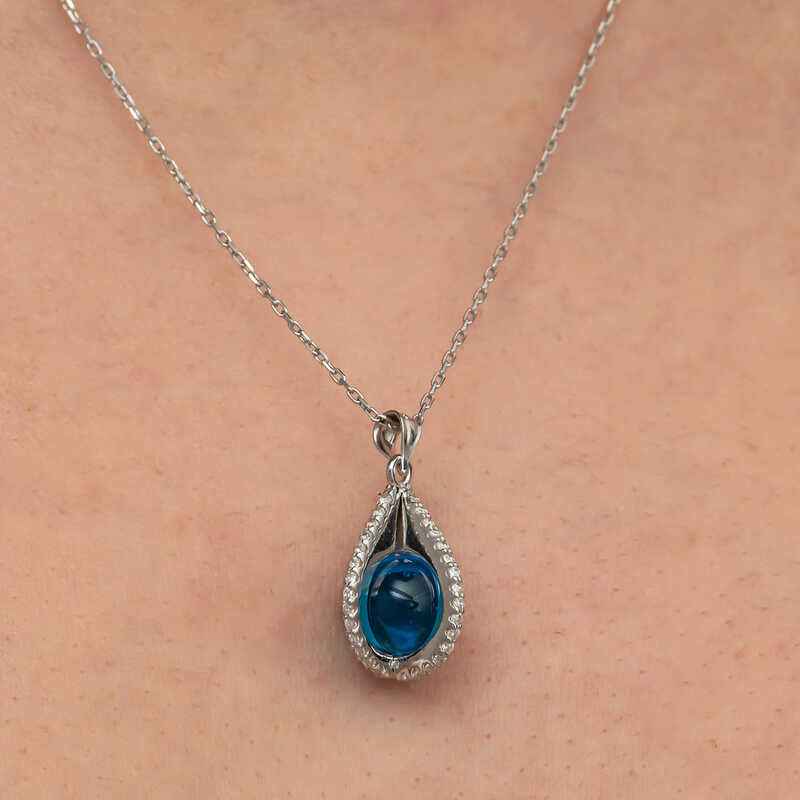 Blue Zircon Stone Sphere Women's Silver Necklace
