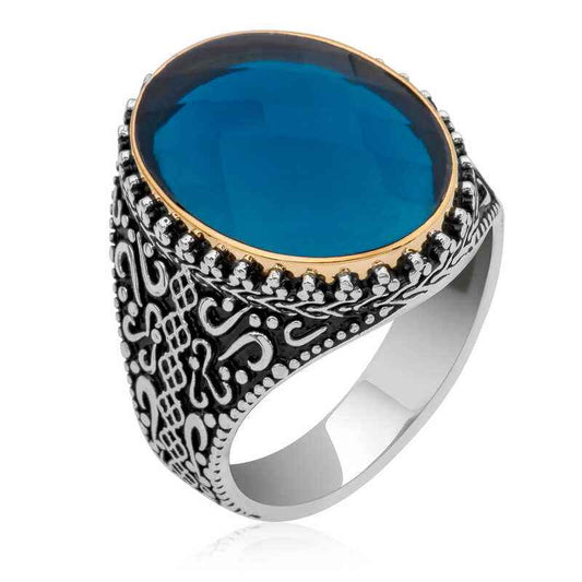 Blue Zircon Oval Men's Silver Ring
