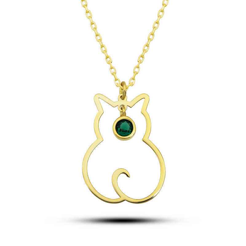 May Birthstone Cat Women's Silver Necklace