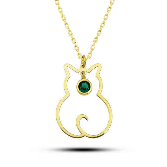 May Birthstone Cat Women's Silver Necklace