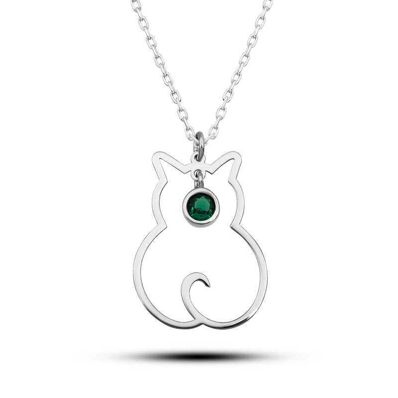 Collier en argent pour femme avec pierre de naissance de mai et chat