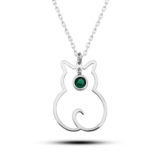 Collier en argent pour femme avec pierre de naissance de mai et chat