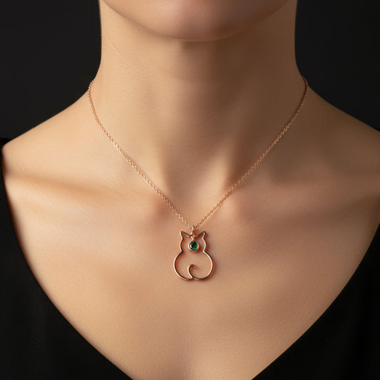 May Birthstone Cat Women's Silver Necklace