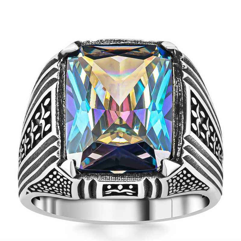 Mystic Topaz Square Men's Silver Ring