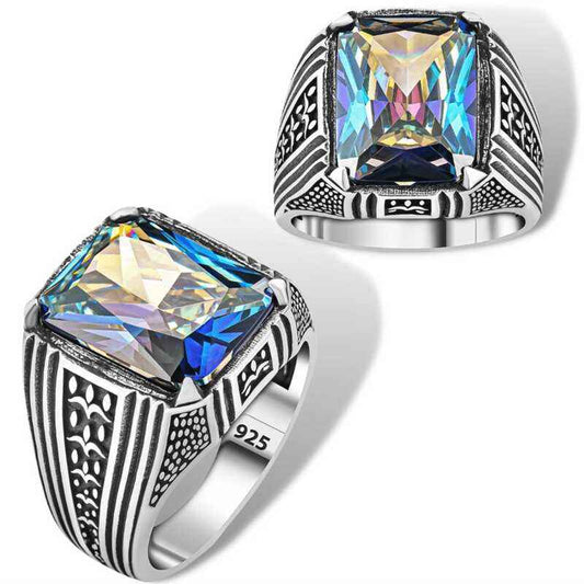 Mystic Topaz Square Men's Silver Ring