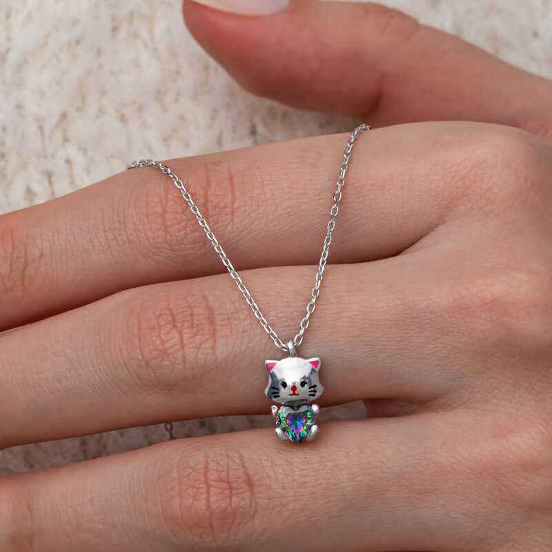Mystic Topaz Stone Lovely Cat Silver Pendant