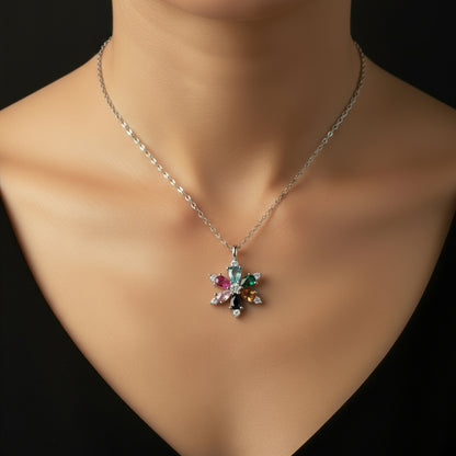 Mixed Stone Lotus Flower Women's Silver Necklace