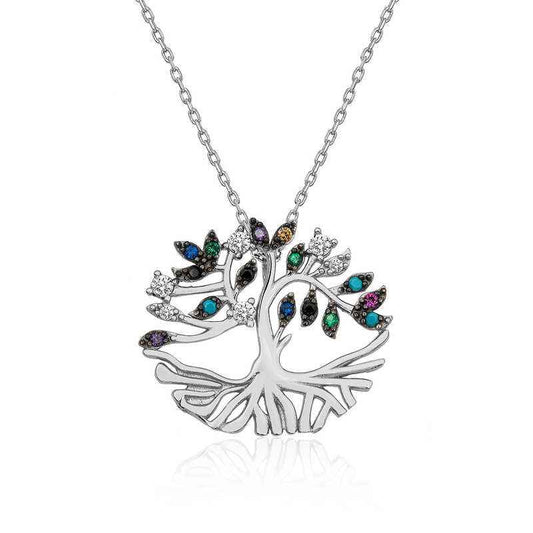 Mixed Stone Tuba Tree Silver Necklace