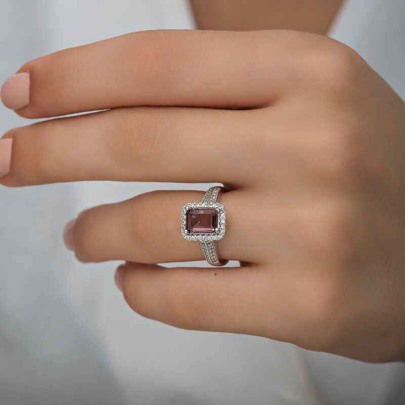 Purple Baguette Stone Women's Silver Ring