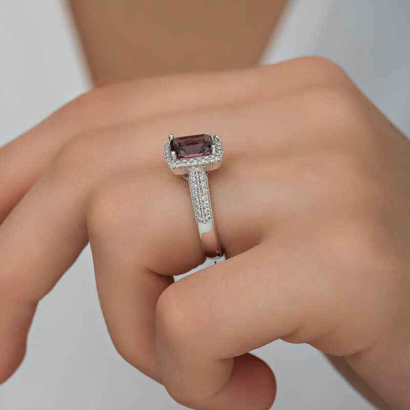 Purple Baguette Stone Women's Silver Ring