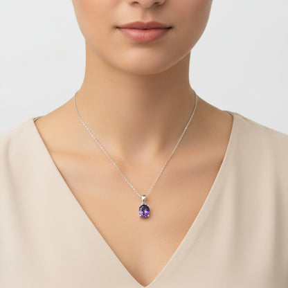 Lila Kristall Oval Stein Damen Silber Halskette
