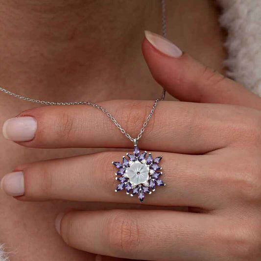 Purple Lotus Pattern Flower Women's Silver Necklace