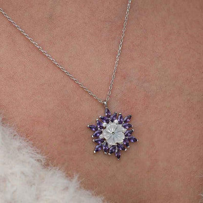 Purple Lotus Pattern Flower Women's Silver Necklace