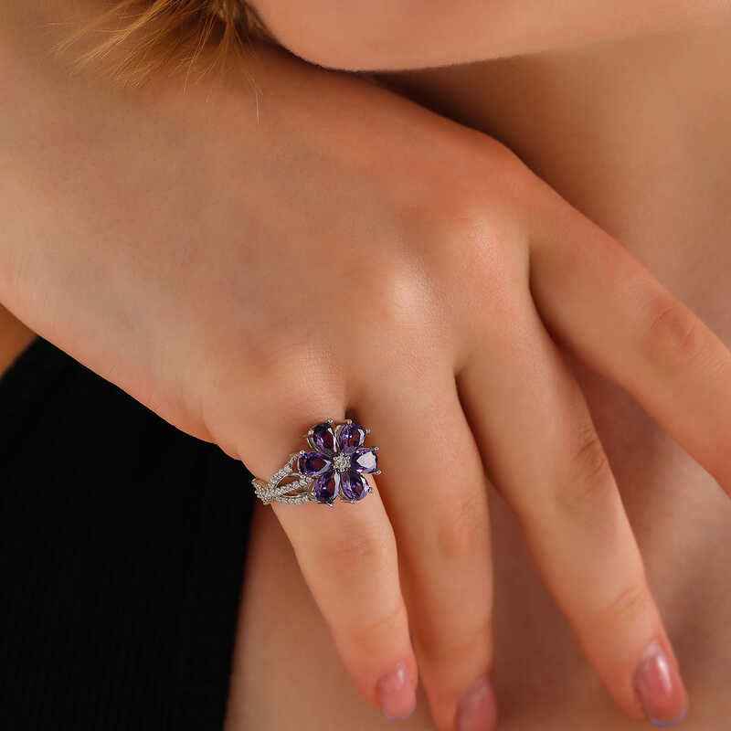 Purple Love Flower Adjustable Women's Silver Ring