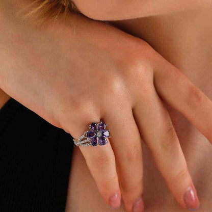 Purple Love Flower Adjustable Women's Silver Ring