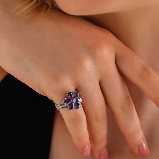 Purple Love Flower Adjustable Women's Silver Ring