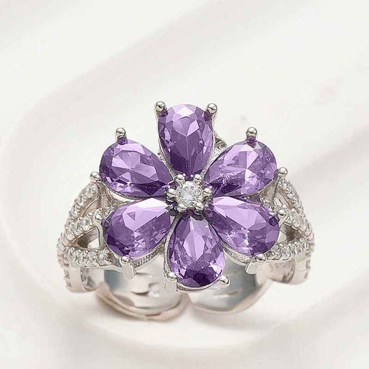 Purple Love Flower Adjustable Women's Silver Ring