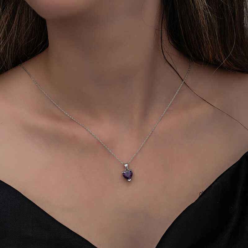 Purple Stone Heart Women's Silver Pendant