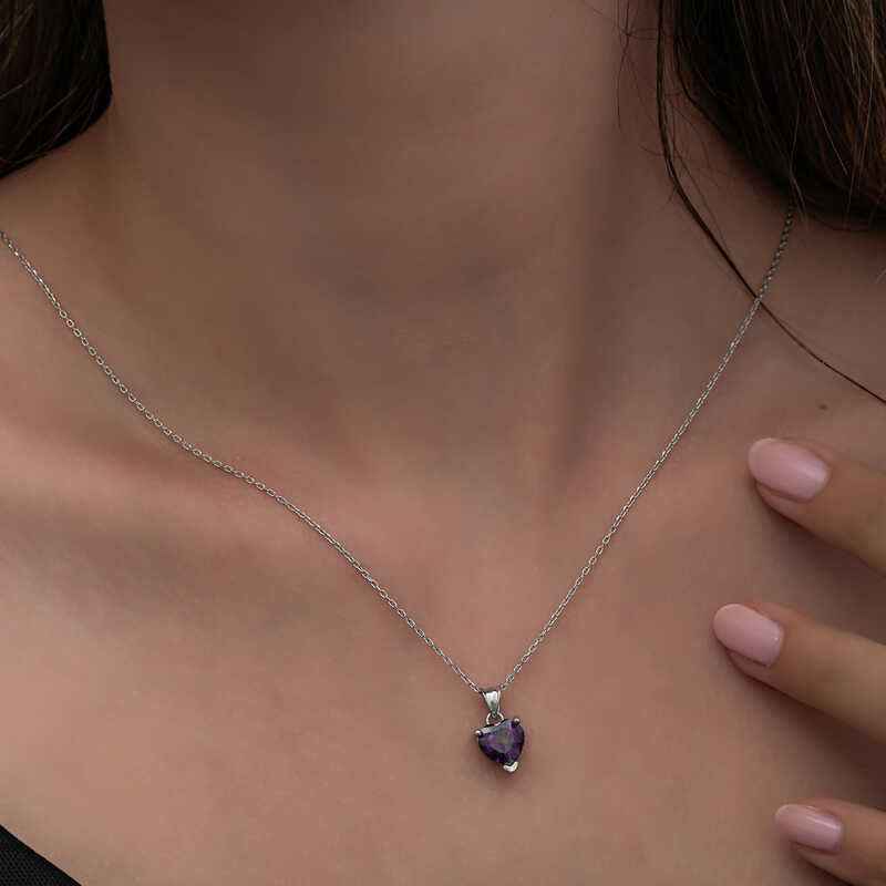Purple Stone Heart Women's Silver Pendant