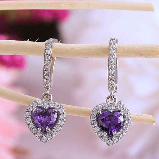 Purple Stone Heart Women's Silver Earrings