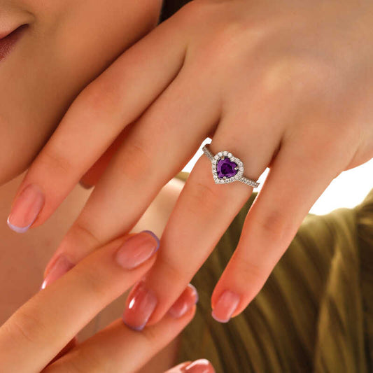 Purple Stone Heart Women's Silver Ring