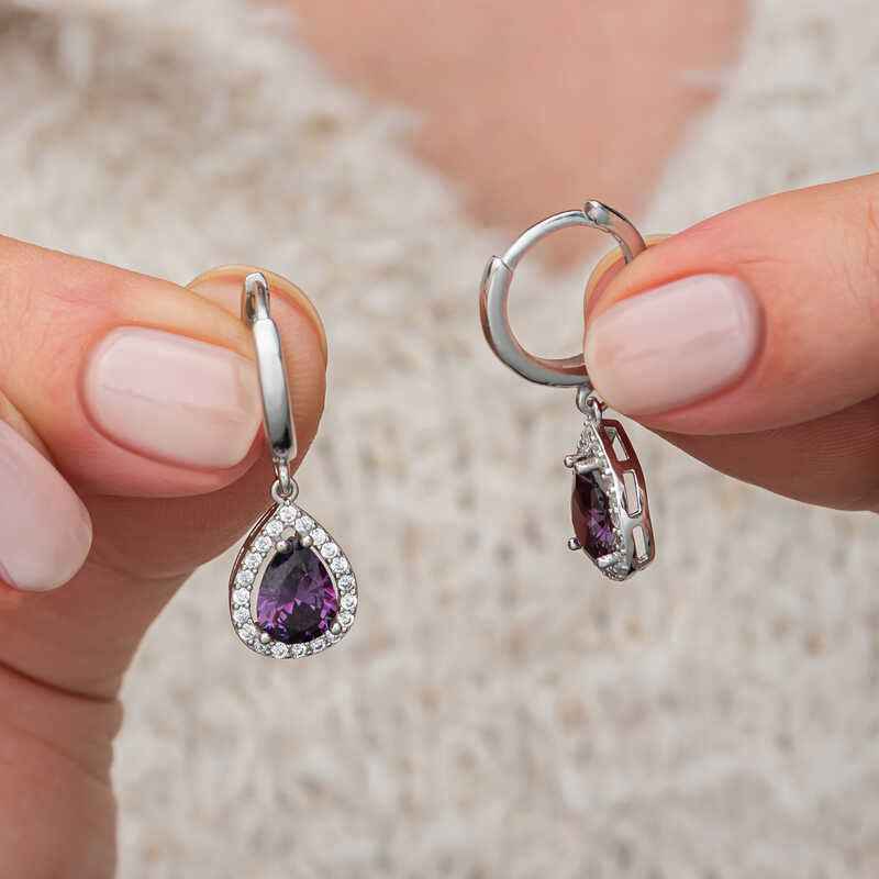 Purple Zircon Stone Drop Women's Silver Earrings