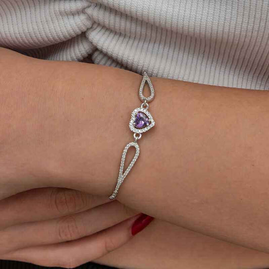 Purple Zircon Heart Women's Silver Bracelet