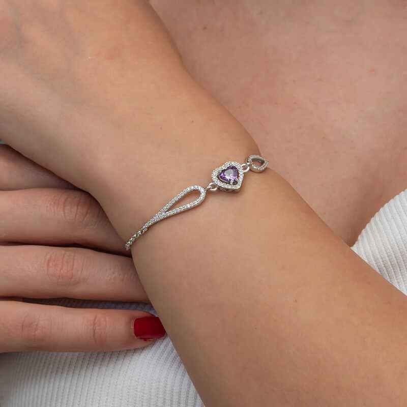 Purple Zircon Heart Women's Silver Bracelet