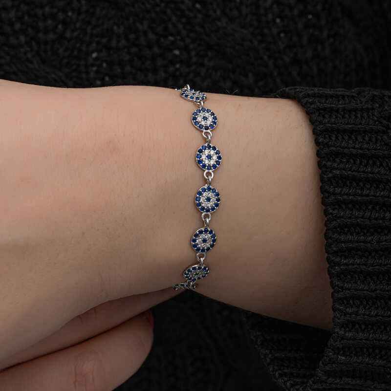Evil Eye Beaded Women's Silver Bracelet
