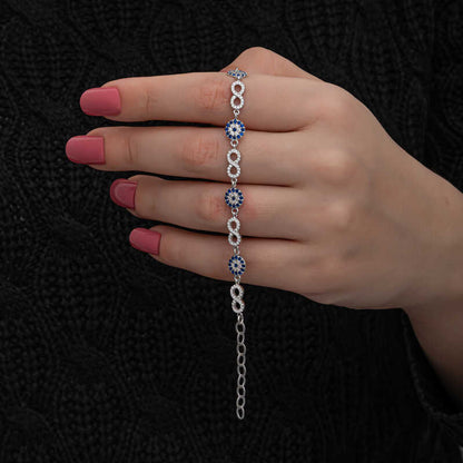 Bracelet en argent pour femme avec perles infinies et mauvais œil