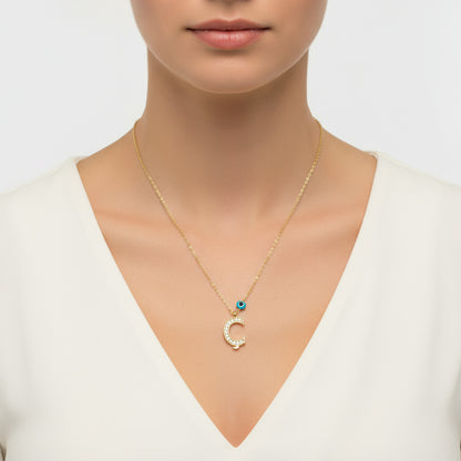Evil Eye Gold Plated Ç Letter Women's Silver Necklace
