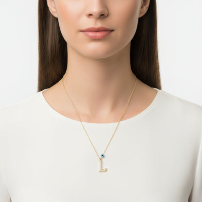 Evil Eye Gold Plated L Letter Women's Silver Necklace