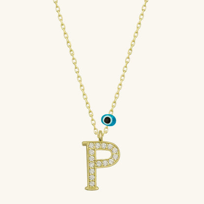 Evil Eye Gold Plated P Letter Women's Silver Necklace
