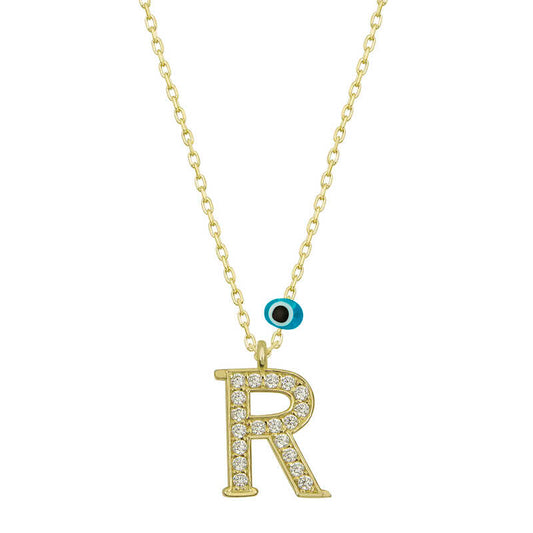 Evil Eye Gold Plated R Letter Women's Silver Necklace