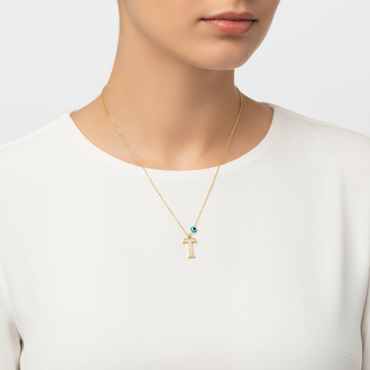 Evil Eye Gold T Buchstabe Damen Silber Halskette